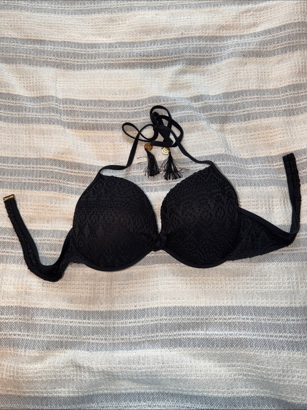 BONGO Black Crochet Halter Padded Bikini Top with Tassel Accents